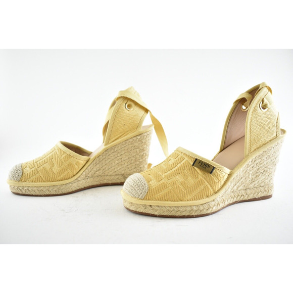 Fendi Roma Natural FF Logo Ankle Strap Lace Up Sandal Espadrille Wedge Heel 41 - Picture 10 of 12